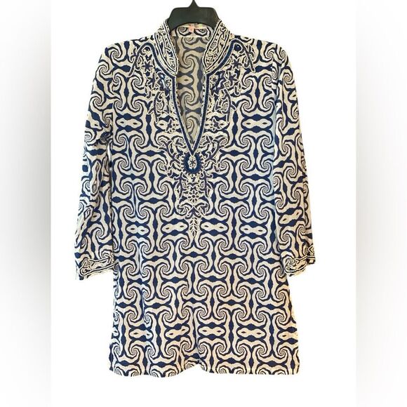 Barbara Gerwit Sz S Blue & White Heavily Beaded Design Cotton Beach SummerTunic - Picture 1 of 8